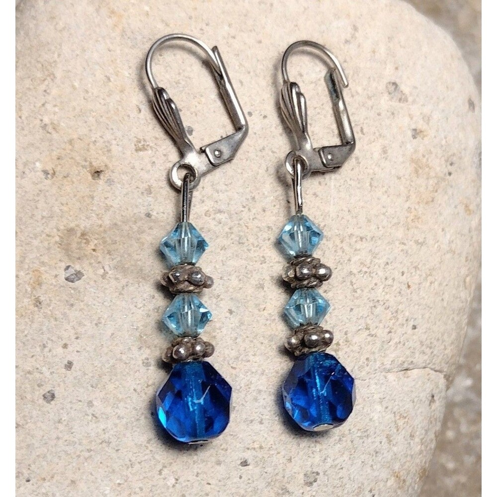 Blue Crystal Beaded Leverback Drop Earrings